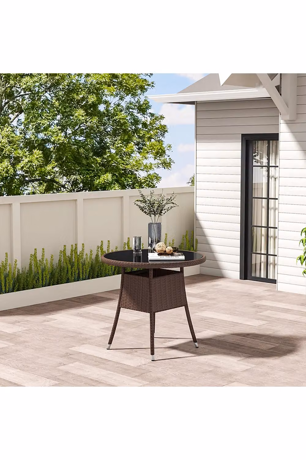 Living and Home Brown Wicker 4 Seater Garden Dining Table with Tempered Glass Top and Parasol Hole – 3