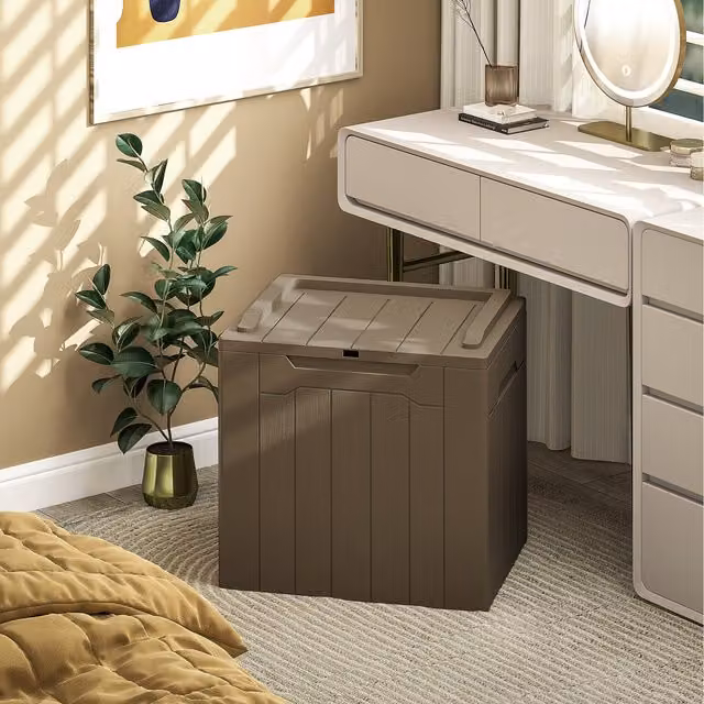 HOMCOM 107 L Plastic Storage Chest with Lock Hole Handles in Dark Brown