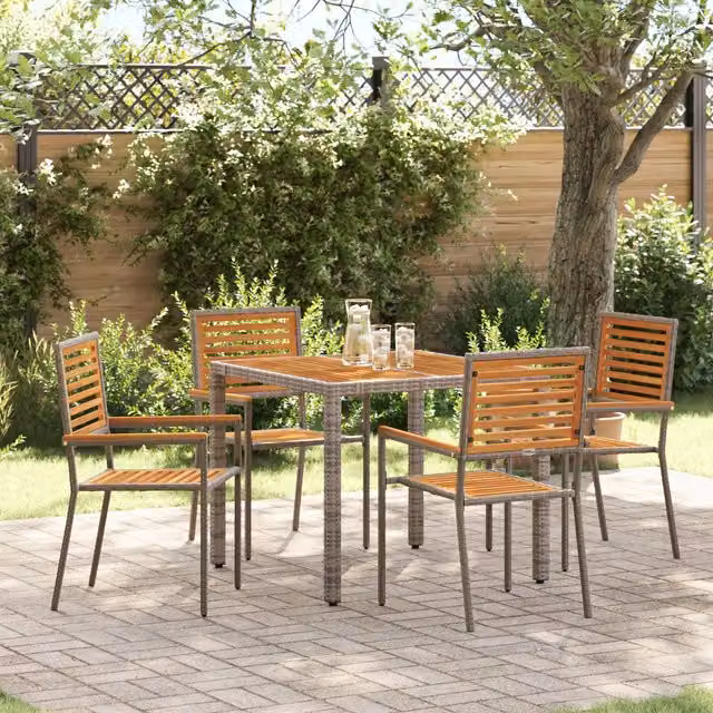 Berkfield Home 5 Piece Grey Poly Rattan and Acacia Wood Garden Dining Set – 1