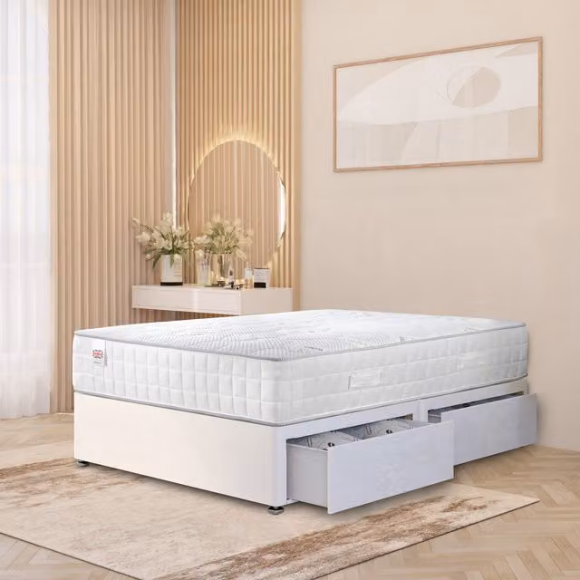 Horizona White Plush Velvet Upholstered Divan Bed with Hybrid Memory Foam Pocket Spring Mattress and Drawers, W/D/H: 200 x 200 x 34.5 cm