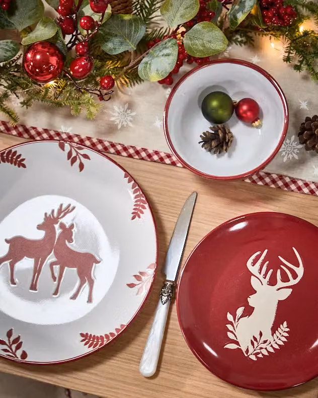 Dibor 12 Piece Red and White Reindeer Ceramic Christmas Dinner Set for 4 Adults – 3