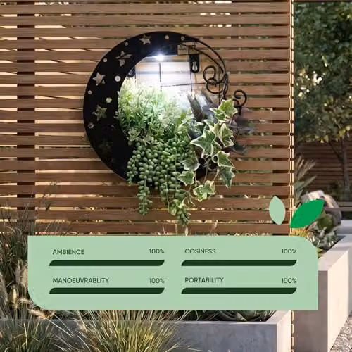 Gardenwize Solar Moon Wall Planter with Warm White LED Light, Black Metal Moon Shaped Outdoor Hanging Flower Pot for Garden and Balcony, W/D/H: 25 x 25 x 12 cm – 8