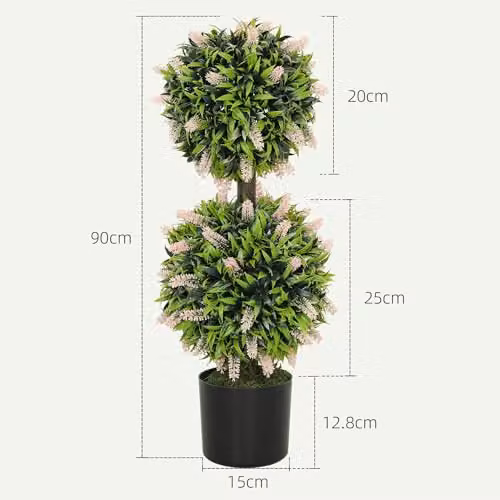HOMCOM Set of 2 Pink Decorative Artificial Ball Trees in Concrete Pots, Height: 70 cm – 4