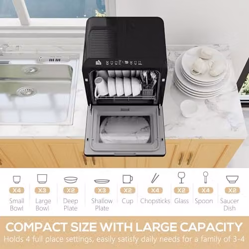 HOMCOM Countertop Dishwasher with 6L Water Tank, Black – 3