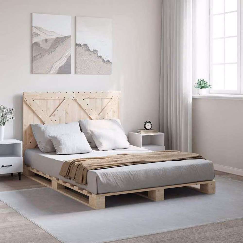 Berkfield Home Beautiful Bed Frame with Headboard in Beige, Solid Pine Wood, W/D/H: 140 x 200 x 104 cm – 2