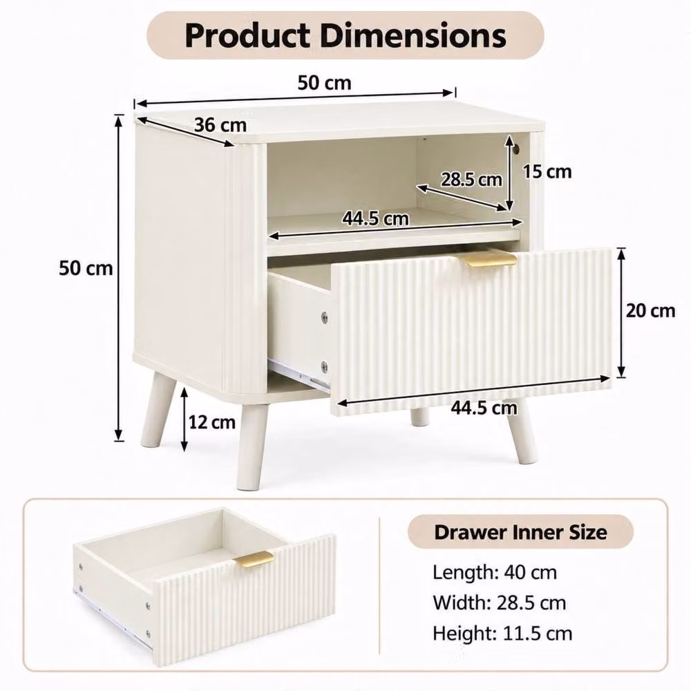 Merax Set of 2 Fluted Bedside Tables with Drawer and Open Shelf in Cream – 2