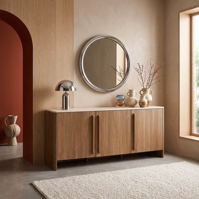 Sweek 3-door sideboard with travertine effect top and wood decor in Dark Brown, W: 160 cm, H: 74 cm, D: 40 cm