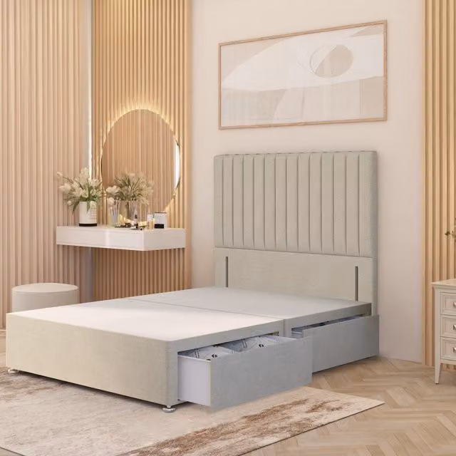 Somnior Beds Ltd Verona Double Divan Bed Base with 54 inch Floor Standing Headboard in Natural Checked Tweed Fabric, W/D/H: 140 x 200 cm