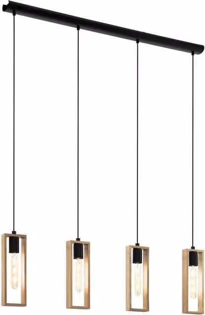 Loops Industrial Hanging Ceiling Pendant Light in Black and Wood with 4 x E27 Sockets, W/D/H: 110 x 55 x 40 cm