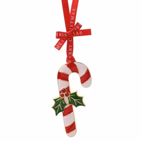 Widdop and Co Regal Tidings Collectable Tree Decoration – Red, White and Gold Striped Candy Cane Christmas Ornament with Holly and Leaves