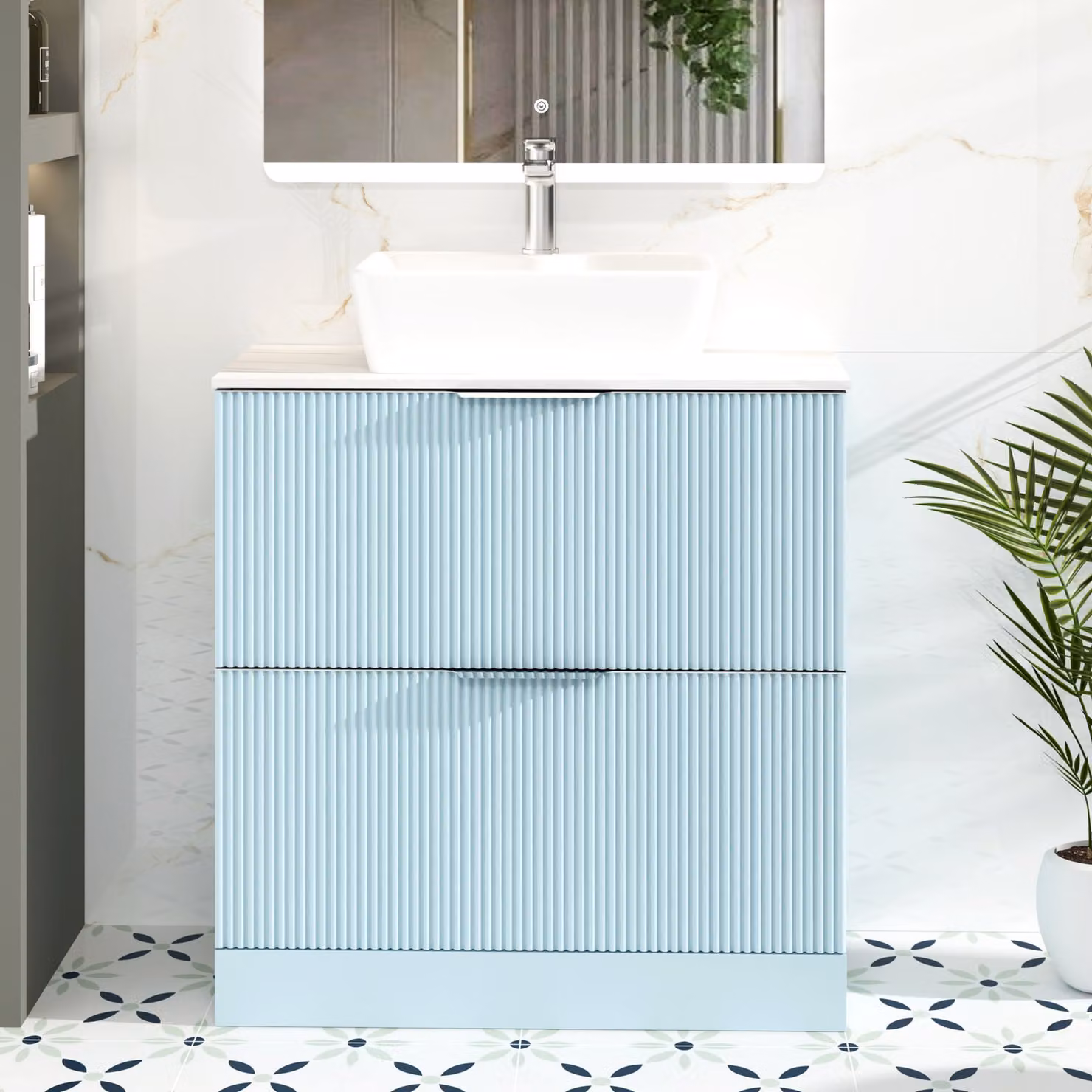 Royal Bathrooms Evora 800mm Powder Blue Fluted Floor Standing Vanity Unit with 2 Drawers and Countertop Basin