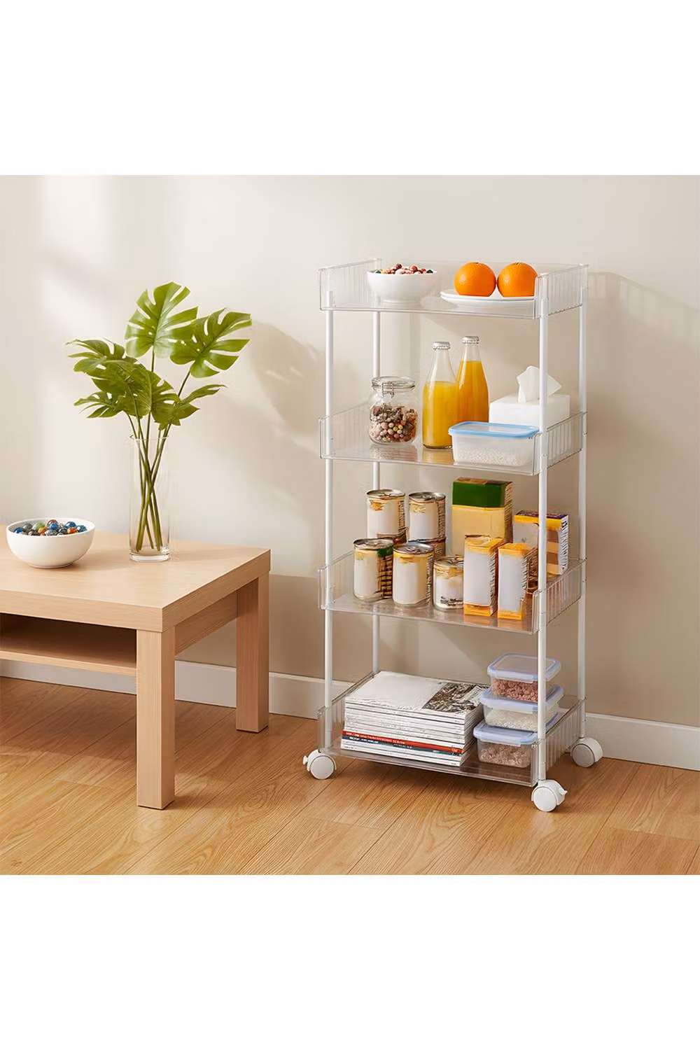 Living and Home 4-Tier Transparent Open-Side Rolling Storage Cart Trolley Organiser Unit in Clear – 2
