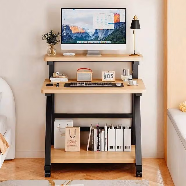 EONLION Modern Rolling Wooden Computer Desk with 3 Shelves in Brown – 1