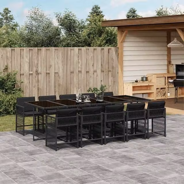 Berkfield Home 11 Piece Black Poly Rattan Garden Dining Set with Cushions