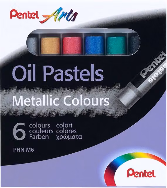 Pentel Arts Oil Pastels, Pack of 6, Multicolour Metallic and Fluorescent Wax Pastels