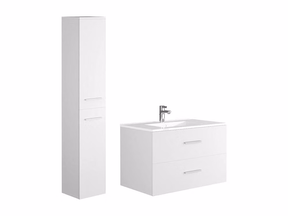 Vente-unique Wall-Mounted White Glossy Bathroom Vanity Unit with Ceramic Basin and Tall Storage Column – 2