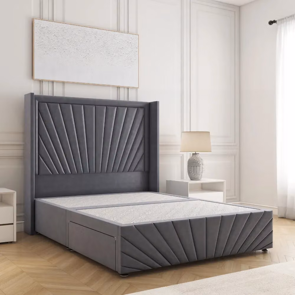 BSSPOKE Nola Super King Divan Bed in Charcoal Grey Plush Velvet with 54 inch Headboard and 2 Drawers, W/D/H: 200 x 200 cm