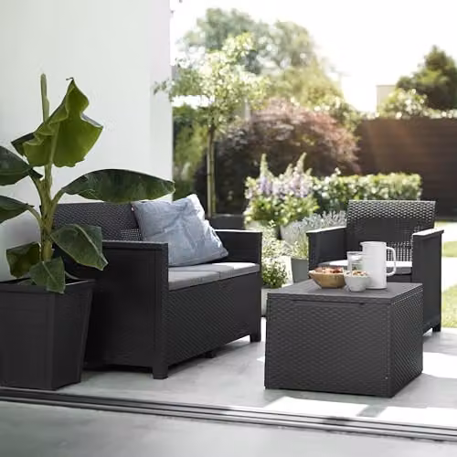 Keter Emma 4 Seater Lounge Set in Grey, featuring a 2-Seater Sofa, 2 Armchairs, a Storage Coffee Table and Cushions, Weatherproof Rattan-Style Wicker Furniture for Garden, Balcony or Terrace – 2