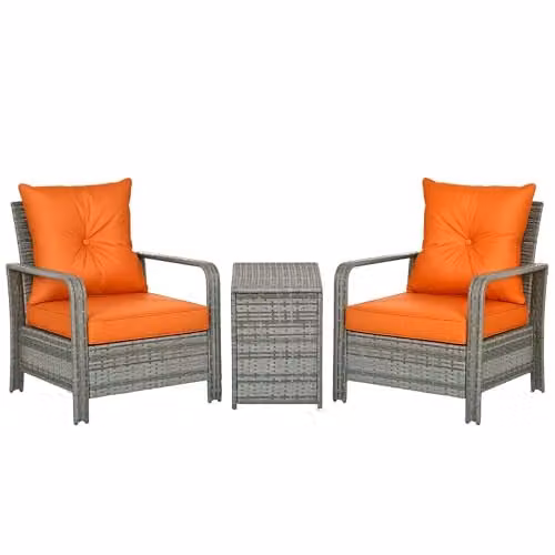 Outsunny 3 Piece PE Rattan Bistro Set with Storage Coffee Table and Chairs in Mixed Grey and Orange – 1