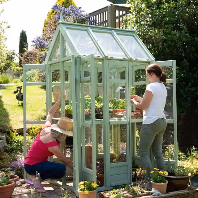 Victorian Walkaround Greenhouse in Forest Brown with Windows and Shelving