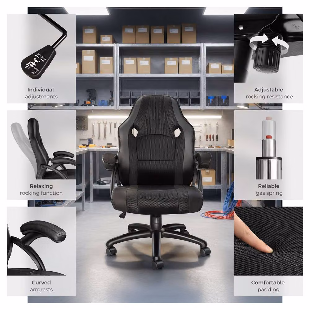 tectake Benny Gaming Chair in Black Fabric with Armrests and Swivel Function – 7