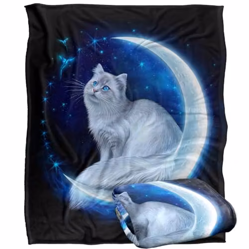 JQ Licensing En Cat In The Moon Silky Touch Super Soft Throw Blanket, White, W/D: 152 x 127 cm