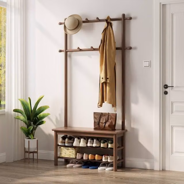 YQJJGL Walnut Solid Wood Hall Tree with Bench and 2-Tier Shelves, W: 80 cm, H: 170 cm, D: 30 cm