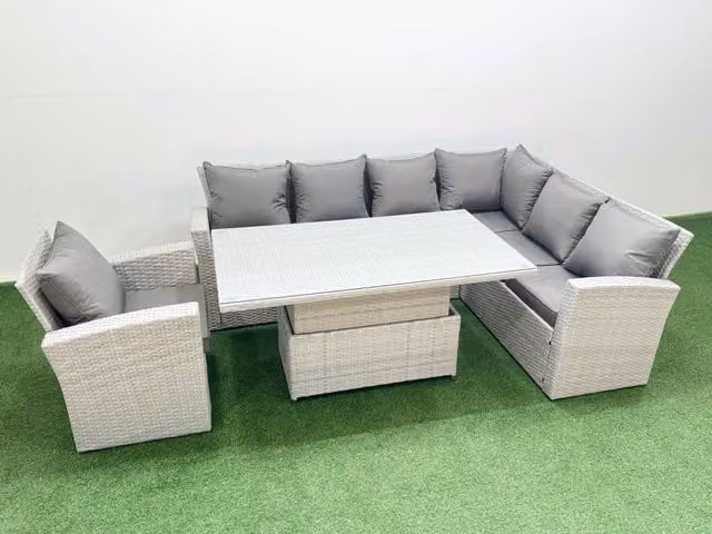 Fimous 7 Seat Rattan Garden Furniture Corner Sofa Set with Armchair in Light Grey
