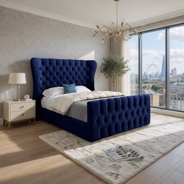 KDMD Skegness Small Double Wide Curved Designer Bed Frame in Blue Soft Velvet – 1