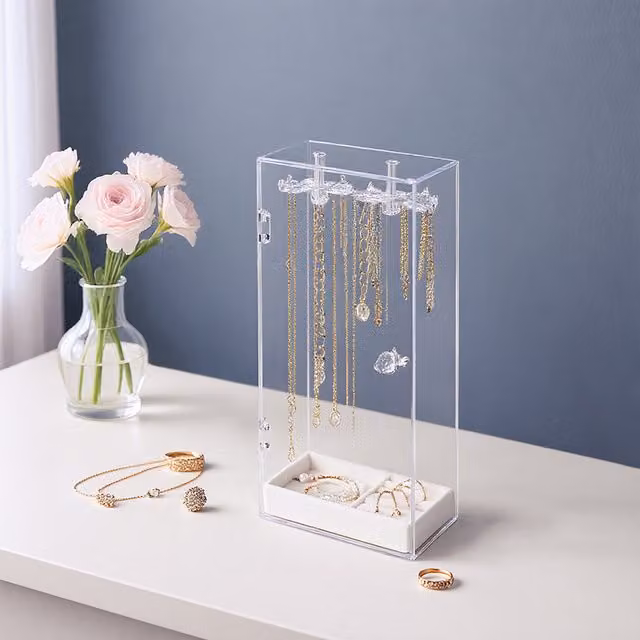Komore Rotating Acrylic Jewellery Organiser Box with Shelf and Flannel Tray in Transparent and White