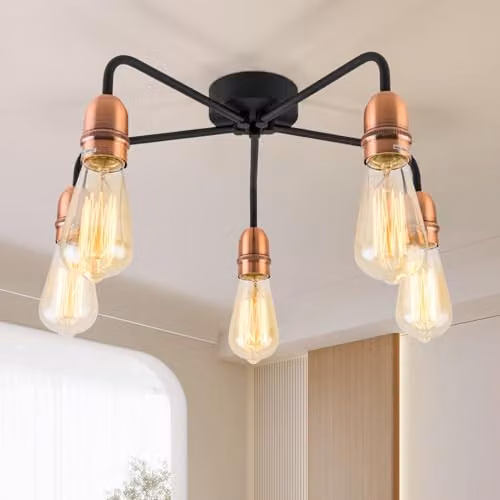 Harper Living 5-Light Semi Flush Ceiling Light in Black and Copper Finish, Dimmable Industrial Chandelier with E27 Bulb Cap – 1