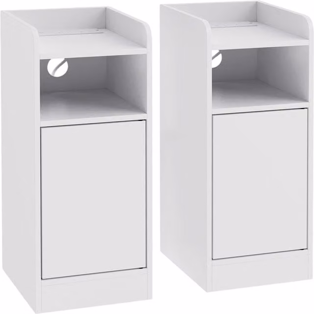 HOMCOM Set of 2 Slim White Bedside Tables with Integrated Charging Station and Adjustable Shelf