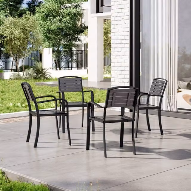 Breeins Set of 4 Minimalist Metal Frame Garden Armchairs in Matt Grey and Black