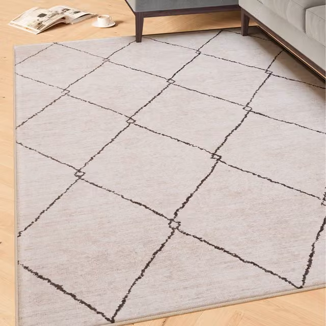 The Rug House Beige Geometric Trellis Washable Rectangular Area Rug W: 60 cm, L: 240 cm