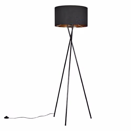 ValueLights Camden Black Metal Tripod Floor Lamp with Black and Gold Fabric Cylinder Shade