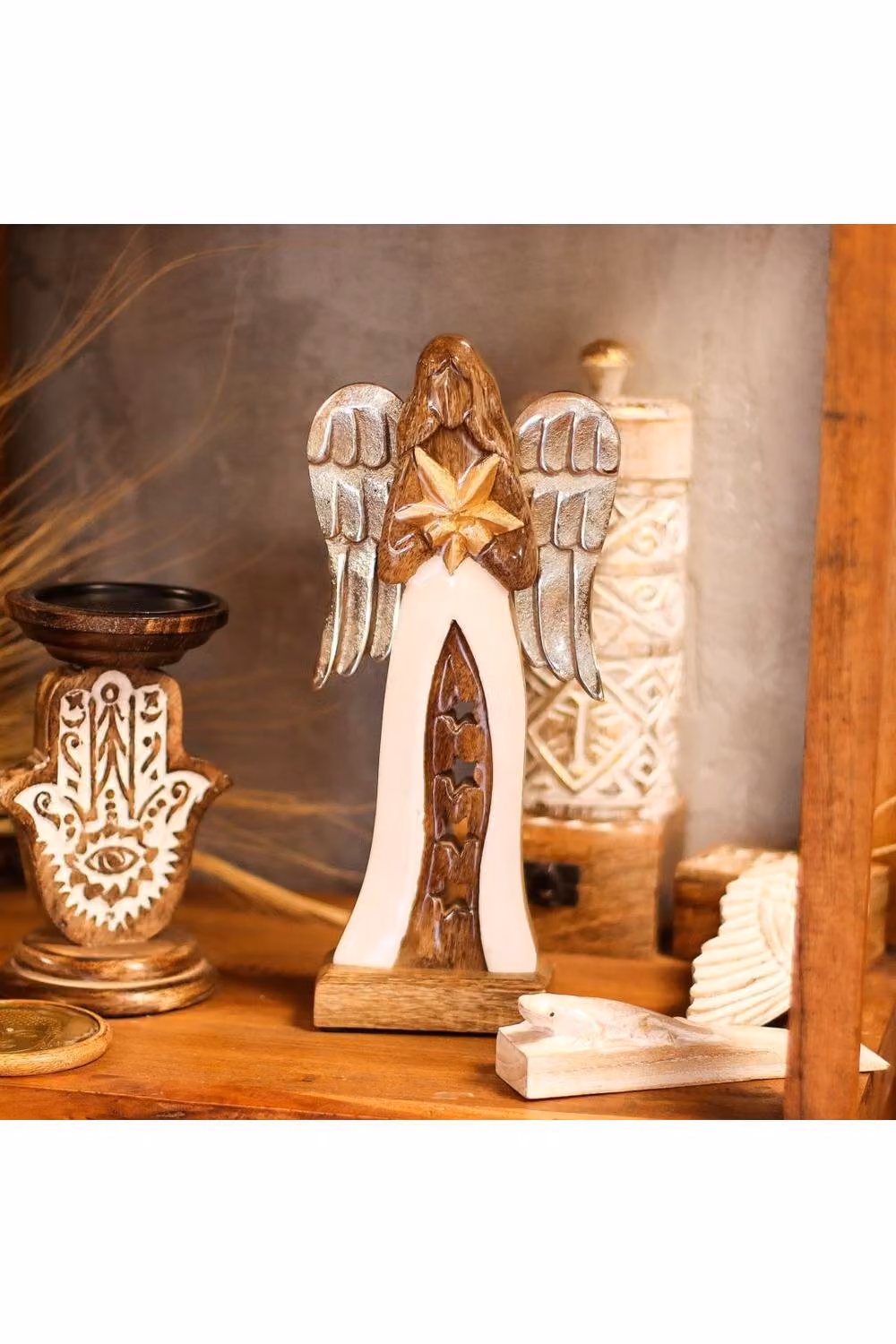 KDMD Large Antique Brown Mango Wood Angel with Metal Wings and Enamel Star – 3