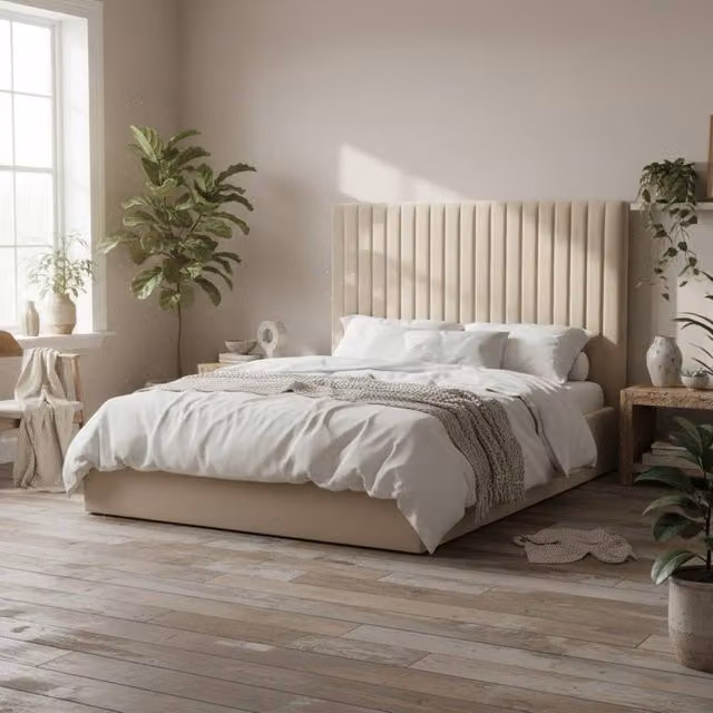Wyld Haus Dublin Double Ottoman Bed in Beige Velvet with Tall Ribbed Headboard, W/D/H: 154 x 200 x 124 cm – 1