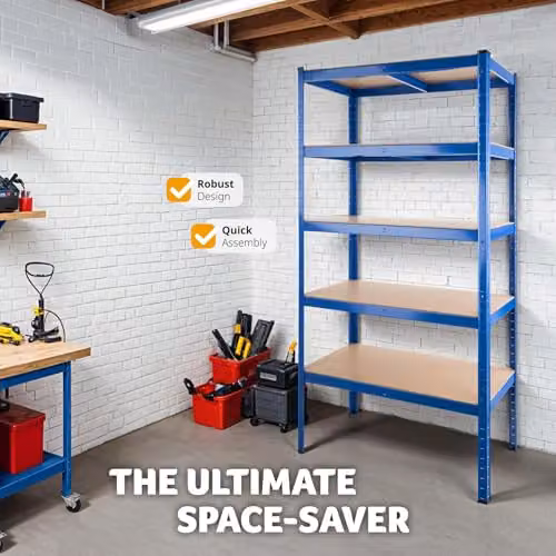 tectake Heavy-Duty 5-Tier Garage Shelving Unit with MDF Shelves and Galvanised Steel Frame, Blue, W: 132.5 cm, D: 45.5 cm, H: 180.5 cm – 5