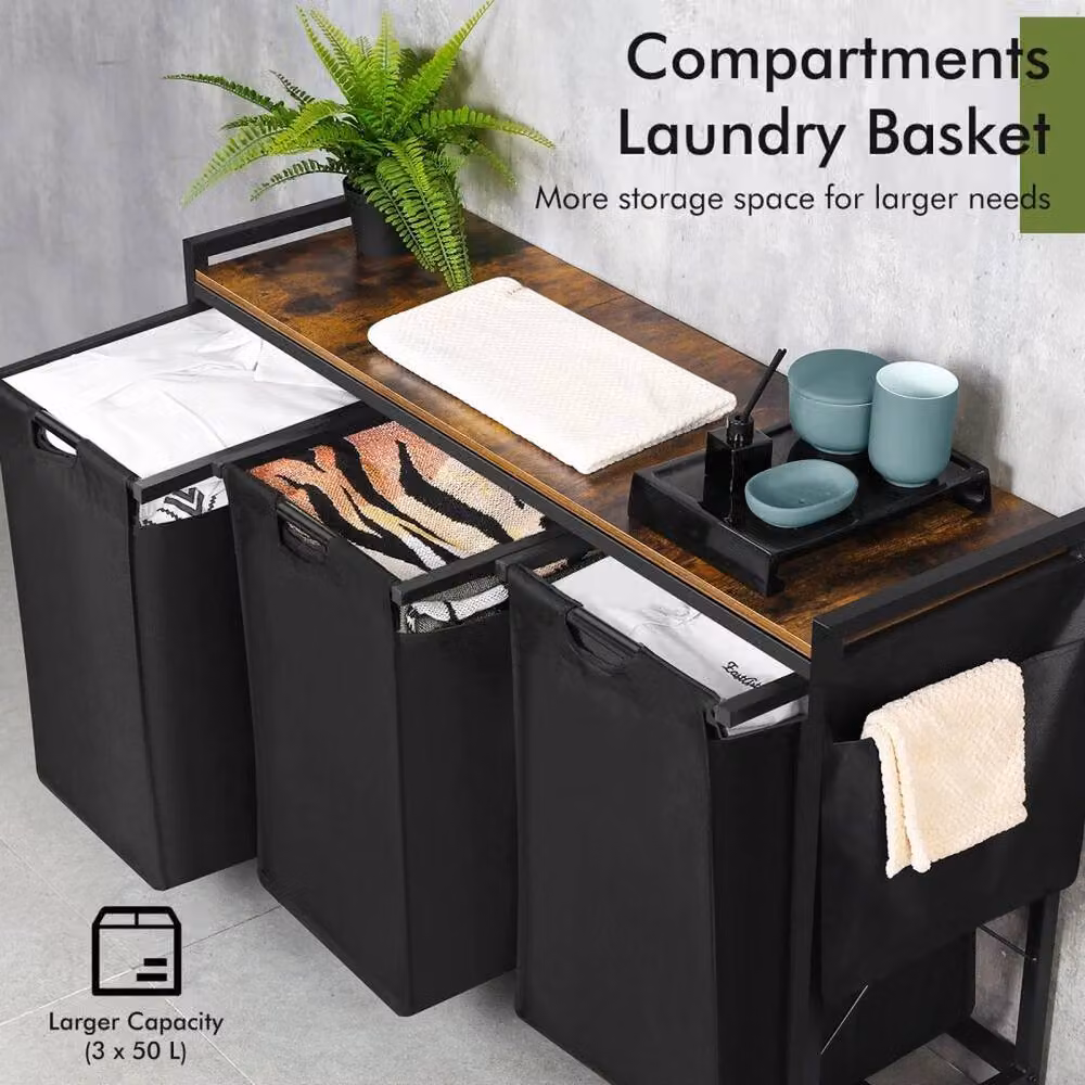NESTLUNE 3-Compartment Laundry Hamper with Removable Liner Bags, Black, W: 100 cm – 3