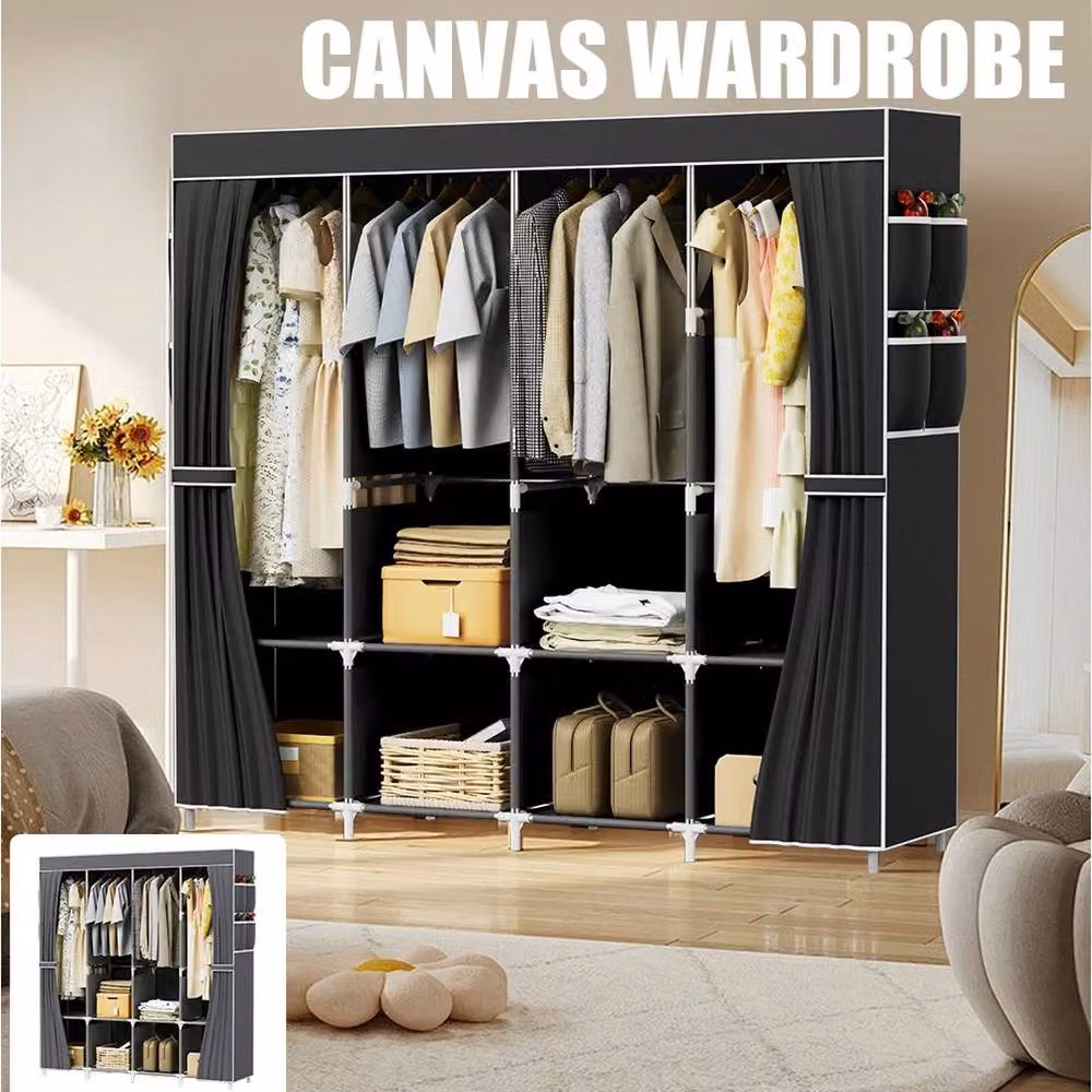 FORGEVIO Fabric Canvas Wardrobe with Shelving and Hanging Rod, Multicolour, W/D/H: 45 x 45 x 170 cm – 3