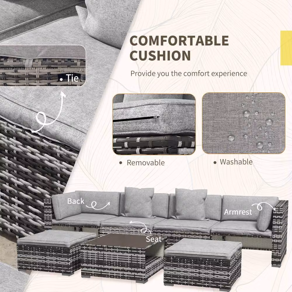 STILVORA 7-Piece Modern Sofa Set with Glass-Top Table in Grey – 5