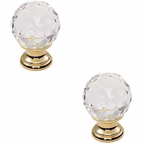 Loops 2 Pack Faceted Crystal Cupboard Door Knobs in Polished Brass, Diameter: 3.1 cm