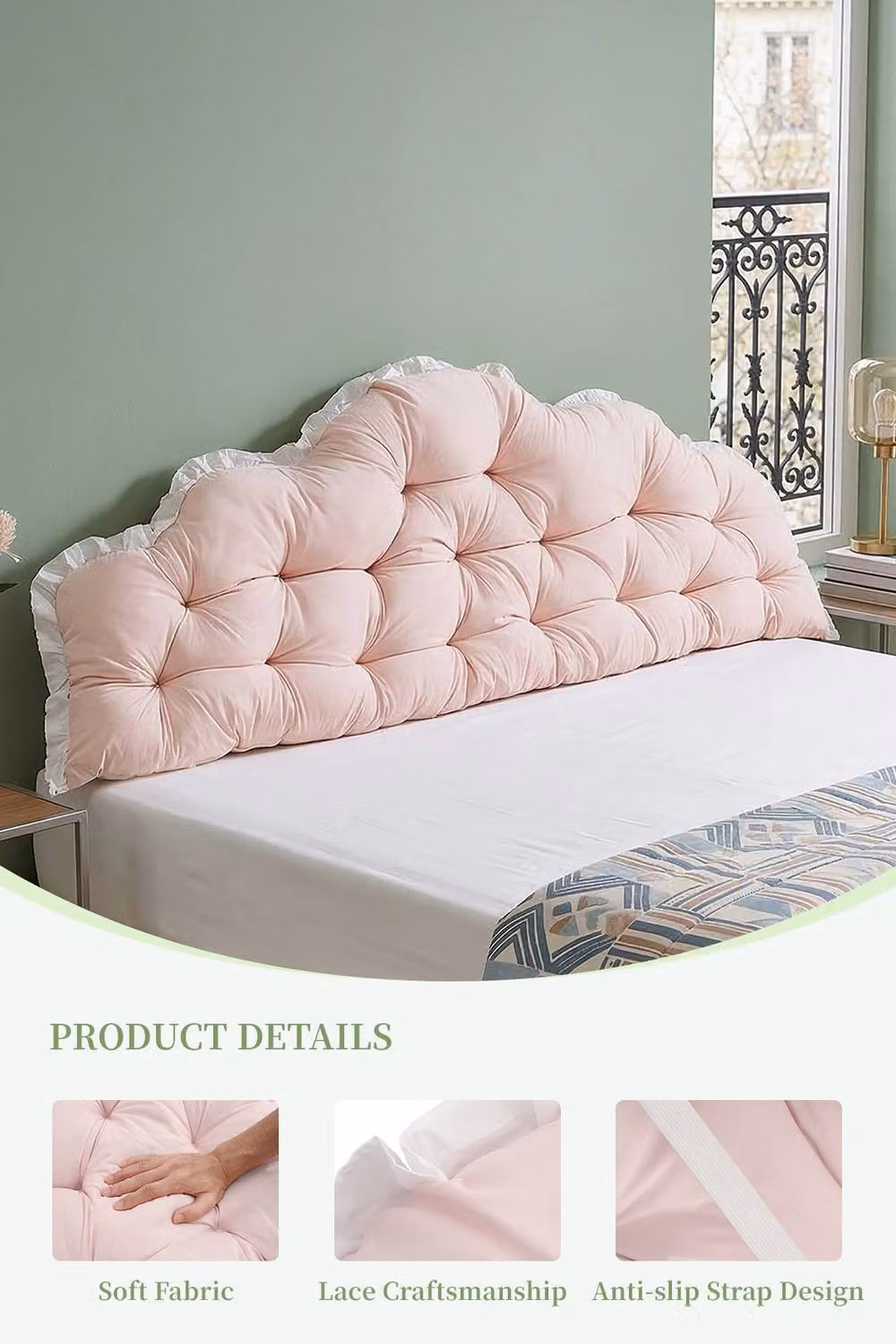 Living and Home Upholstered Rectangular Headboard Pillow with Ruffle Trim in Pink and White – 2