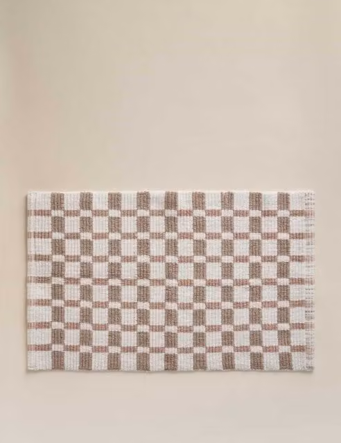 M&S Pure Cotton Geometric Bath Mat in Beige and Multicolour