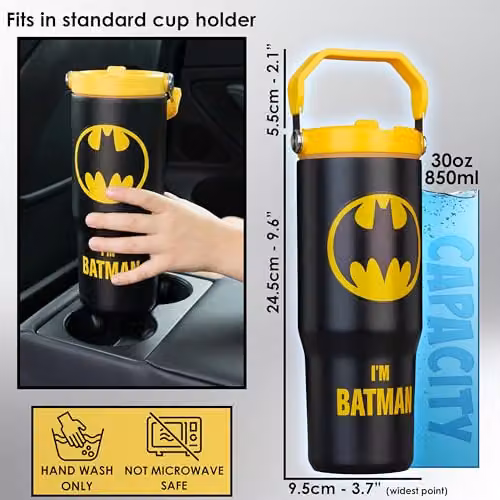 Get Trend DC Comics Batman Insulated Stainless Steel Tumbler with Straw and Handle, Black, 850ml – 5