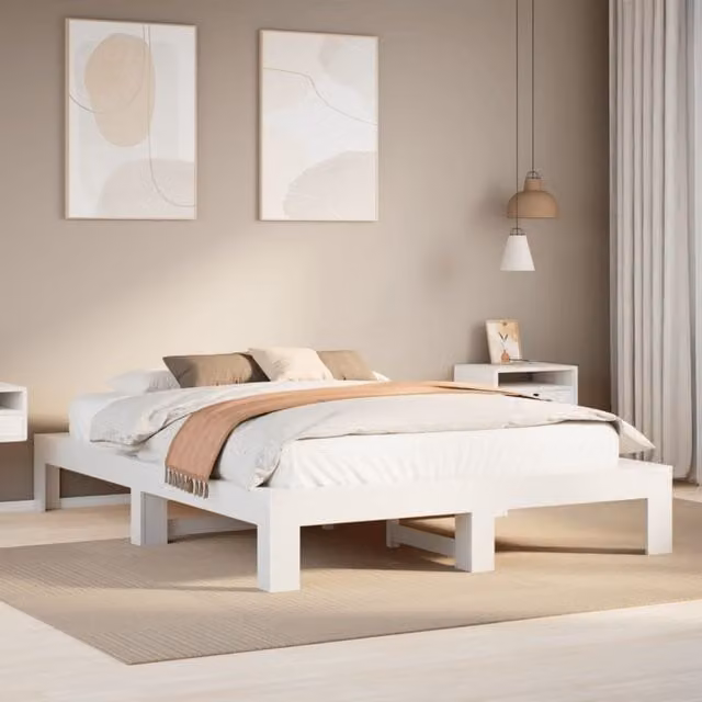 Berkfield Home White Solid Wood Pine King Size Bed Frame W: 150 cm, D: 200 cm