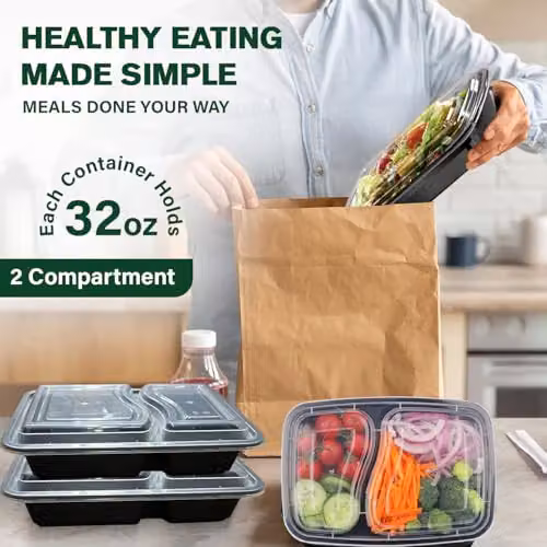 ECONX 50 Pack Black 2 Compartment Meal Prep Food Containers with Airtight Lids, 32oz Plastic Bento Lunch Boxes, Microwave and Dishwasher Safe – 5