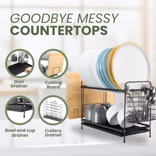 Tanness 2-Tier Black Dish Drainer Rack with Utensil Holder and Drip Tray, W/D/H: 30.0 x 21.0 x 21.0 cm – 5