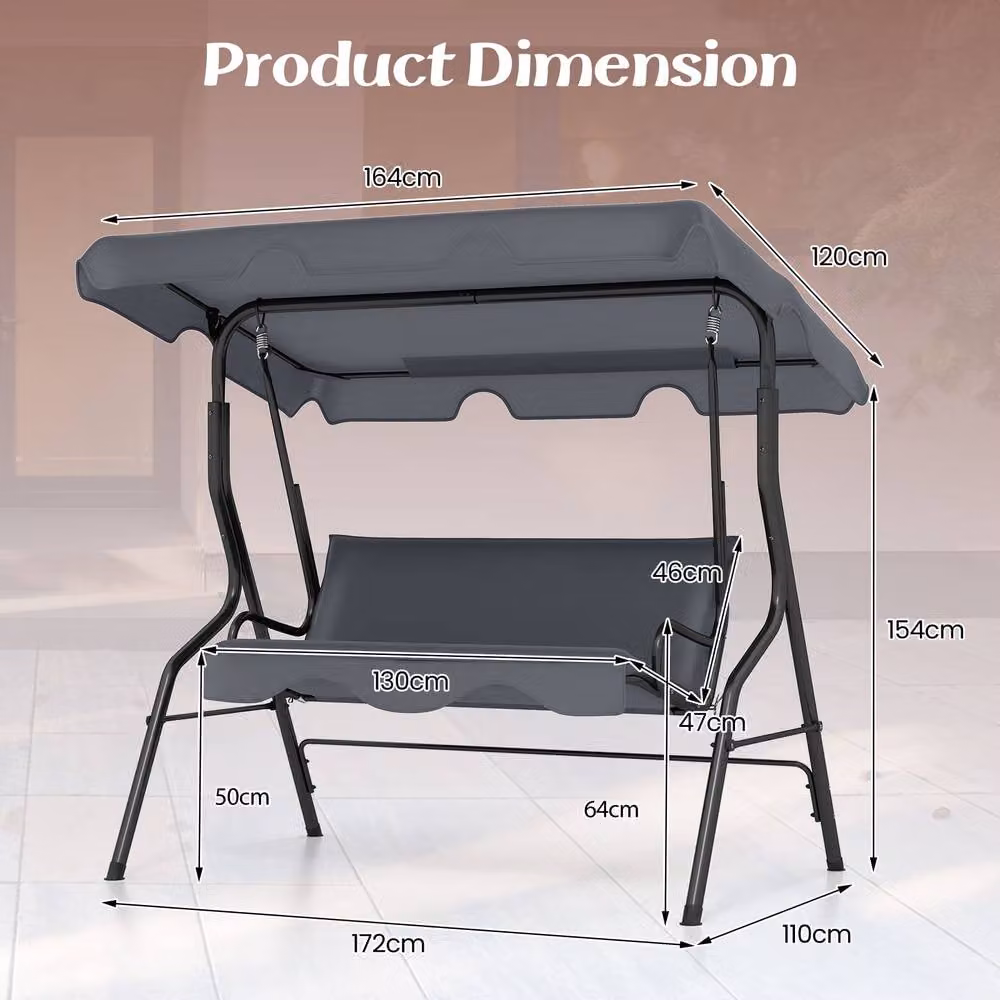 Gymax 3-Seater Canopy Swing Chair with Weatherproof Cushions in Grey – 2