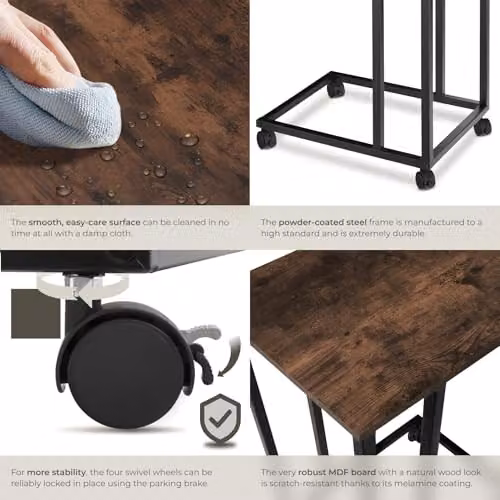 tectake C-Shaped Industrial Side Table with Steel Frame and Swivel Castors, Dark Wood and Black, W: 48 cm, D: 35 cm, H: 70 cm – 5